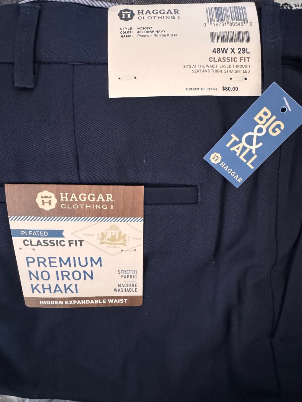 Haggar Mens 48x29 Premium No Iron Khaki Navy Pleated Classic Fit NWT